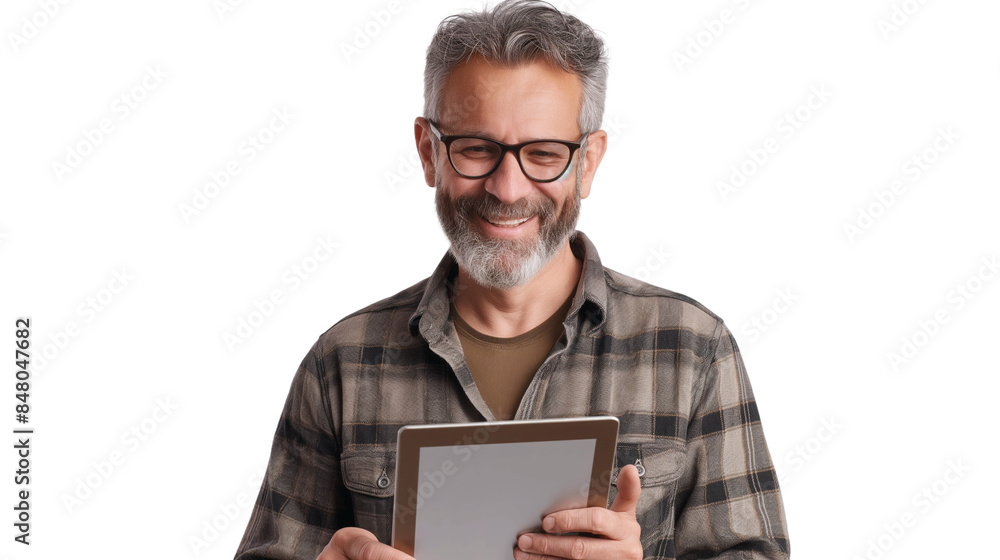 Happy man with beard and glasses using tablet, transparent background, half body view. Happy man with beard and glasses using tablet, transparent background, half body view.