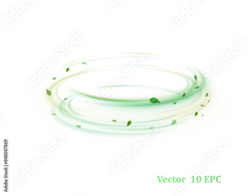 Green bright wind lines swirl in a circle with flying particles of green leaves on a white background. Light effect for perfume design.