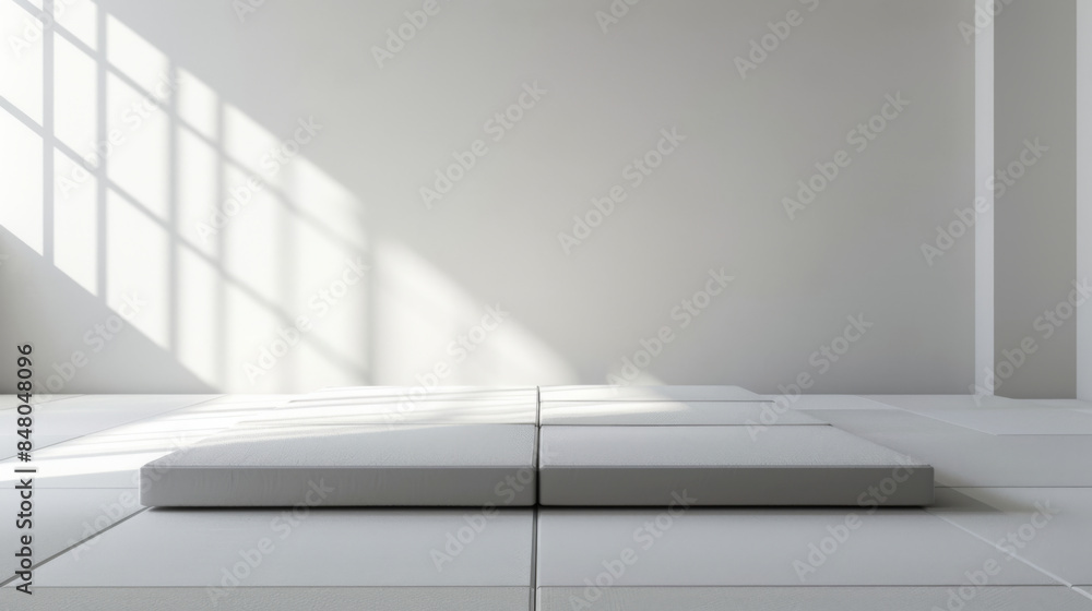 Fototapeta premium Minimalist design showcasing a clean, white room corner with natural sunlight streaming through large windows.