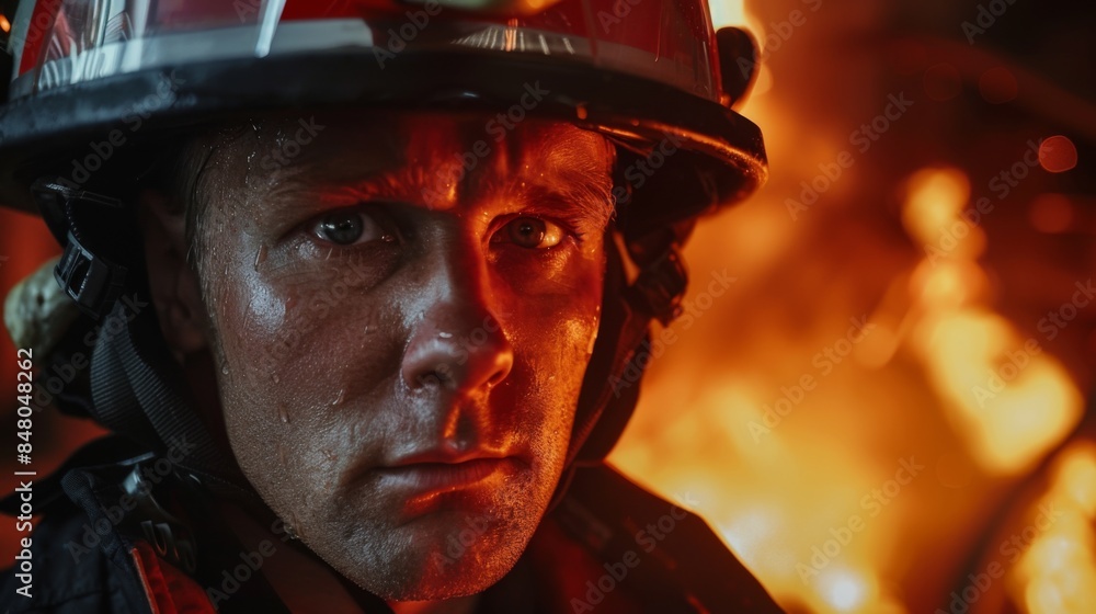 Close-up portrait of a firefighter with a determined expression Close-up portrait of a firefighter with a determined expression