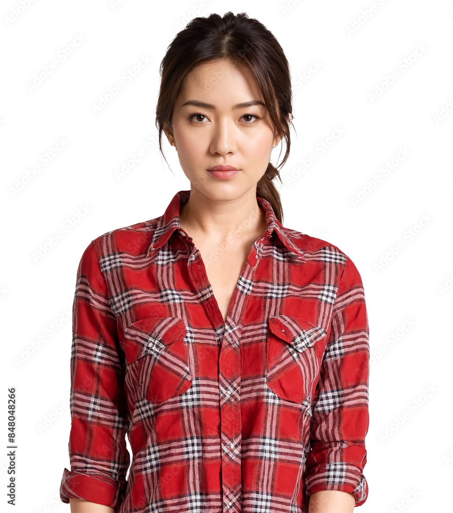 Young asian woman posing wearing red plaid shirt Young asian woman posing wearing red plaid shirt