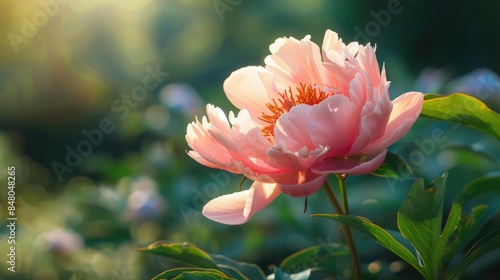 Vividly blossoming spring peony cypress flower photo