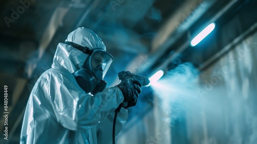 Fototapeta Naklejka Na Ścianę i Meble -  Powder coating of metal products. Paint coating industry metal powder coating painting metal parts. Coveralls worker with spray gun painting steel products. Metalwork workpiece factory paint air spray