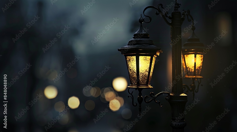 The stock photo showcases a black lantern used for street lighting, set against a city landscape. The night cityscape features a beautifully crafted forged lamp, illuminating the surroundings with the The stock photo showcases a black lantern used for street lighting, set against a city landscape. The night cityscape features a beautifully crafted forged lamp, illuminating the surroundings with the