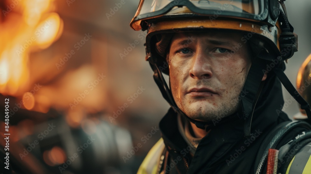 A firefighter stares intently at a fire in the background A firefighter stares intently at a fire in the background