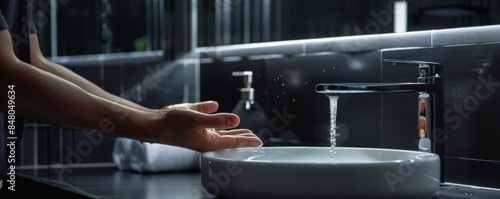 Washing hands in front of the sink in dark luxury bathroom, antibacterial concept banner. Generative AI.