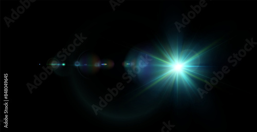 Light effect of blue glowing light. Solar flare. Glow effect. Starbursts with twinkling highlights. Beautiful light effect of flickering highlights. Vector 10 EPS	
