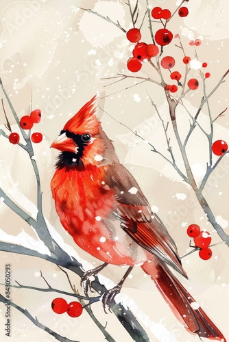 Winter Cardinal in Watercolor - Festive Bird Illustration on Tree Branch