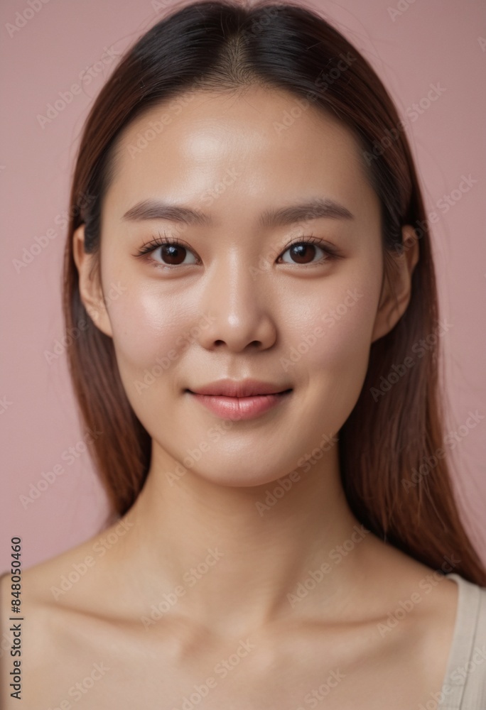 Closeup beauty portrait of beautiful young Asian woman with glowing clean healthy skin looking at camera against pink background. Female model studio shot. Cosmetology, cosmetic, skincare concept Closeup beauty portrait of beautiful young Asian woman with glowing clean healthy skin looking at camera against pink background. Female model studio shot. Cosmetology, cosmetic, skincare concept