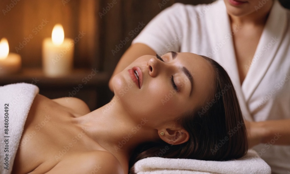A woman enjoying a spa experience on a massage table, surrounded by candles during a relaxing massage session. She is covered with a towel and there is candles in the background. A woman enjoying a spa experience on a massage table, surrounded by candles during a relaxing massage session. She is covered with a towel and there is candles in the background.