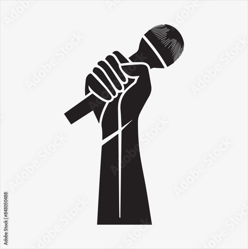 grabbing microphone By hand line art vector silhouette illustration