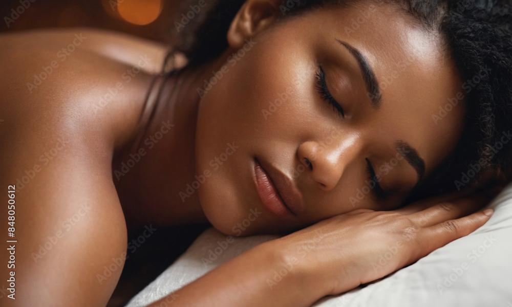 Portrait of a young beautiful woman relaxing on massage table in spa salon. Closeup of sleeping woman having a healing body massage in beauty clinic. Spa and cosmetology treatment, body care concept Portrait of a young beautiful woman relaxing on massage table in spa salon. Closeup of sleeping woman having a healing body massage in beauty clinic. Spa and cosmetology treatment, body care concept