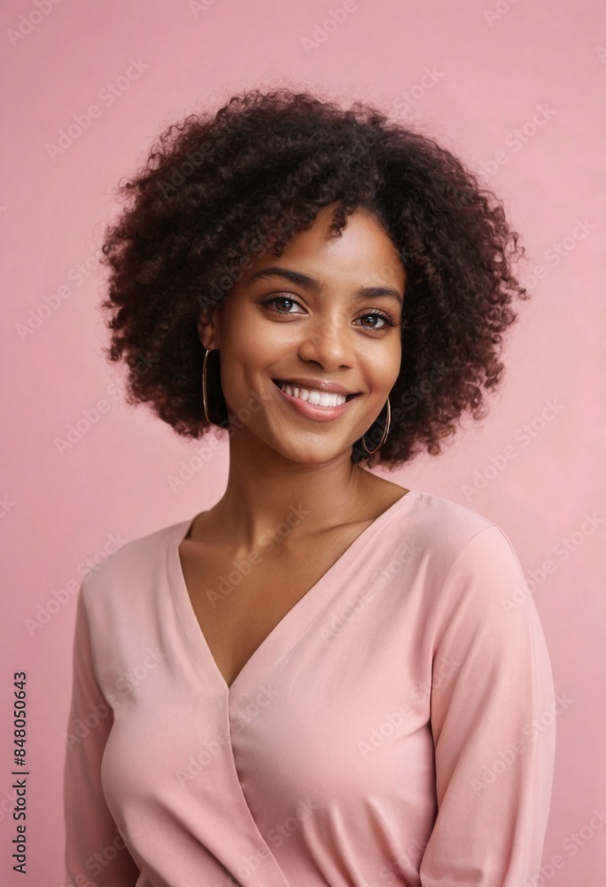 Elegant African American woman with curly hair and natural makeup, wearing pink shirt, captured in a beauty portrait. Black female model looking at camera. Cosmetology, spa, skincare, cosmetic concept Elegant African American woman with curly hair and natural makeup, wearing pink shirt, captured in a beauty portrait. Black female model looking at camera. Cosmetology, spa, skincare, cosmetic concept
