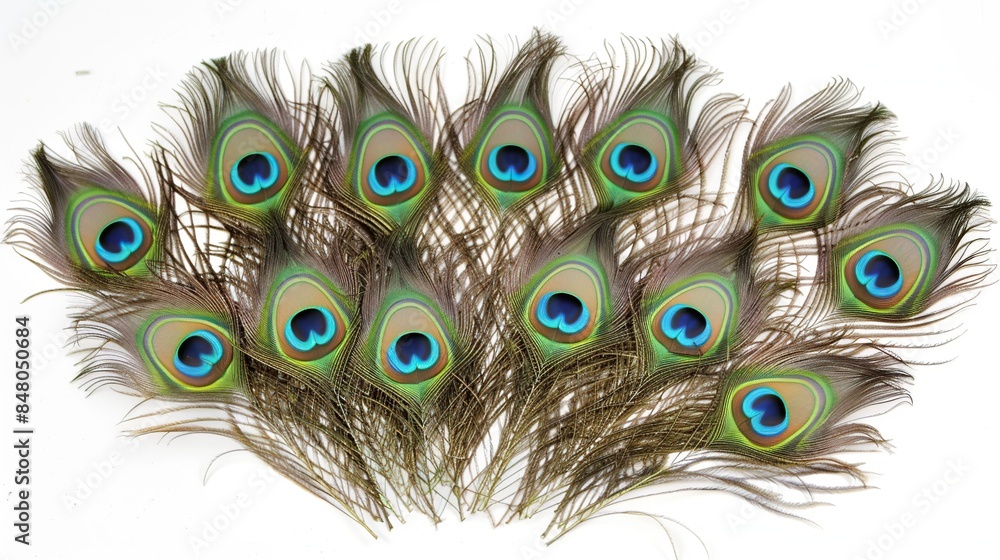 Obraz premium Peacock Feathers Arrangement on White Background