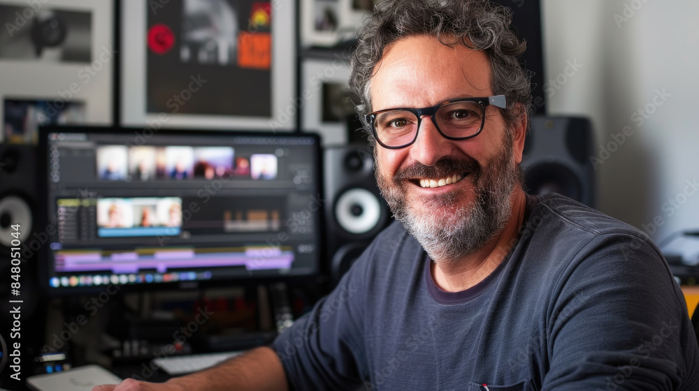 A man smiles while working on a video editing project on his computer in his home studio A man smiles while working on a video editing project on his computer in his home studio