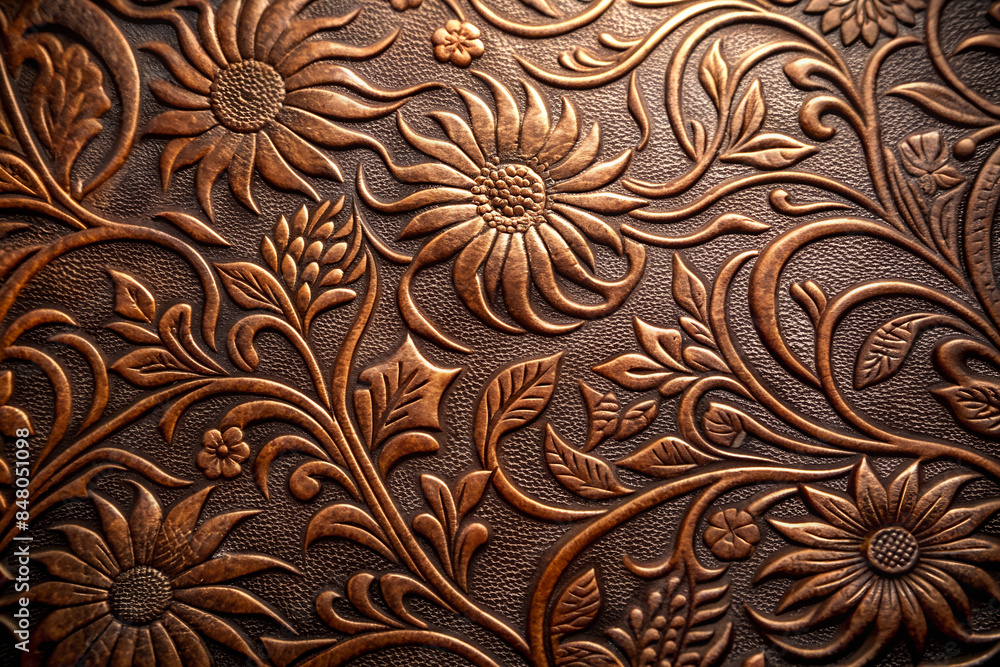 Intricate embossed floral patterns on rich brown leather. High resolution texture. Intricate embossed floral patterns on rich brown leather. High resolution texture.