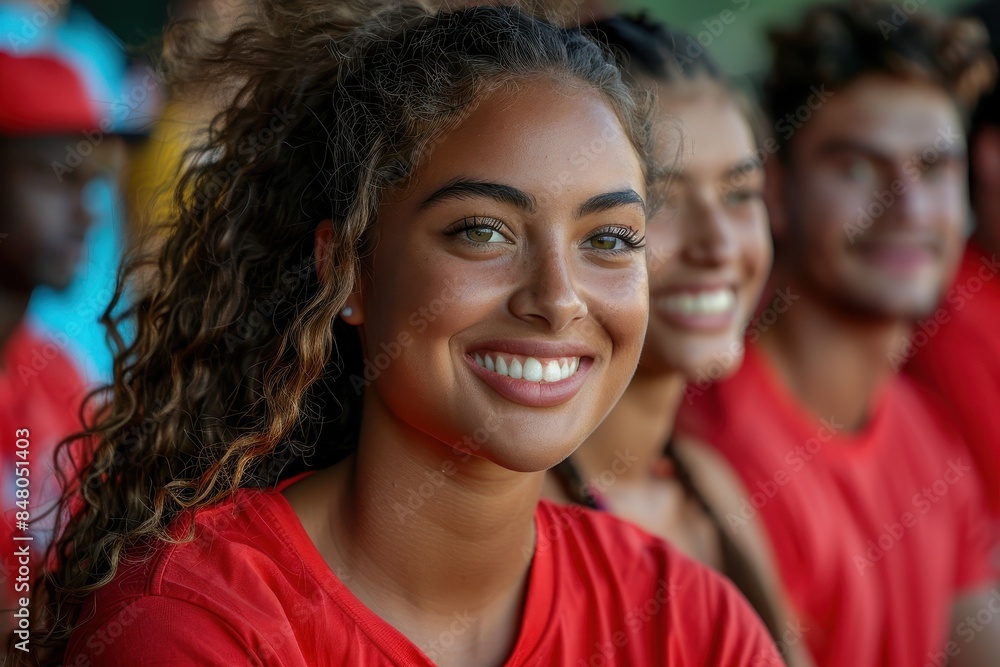 Fototapeta premium Happy young woman with curly hair sitting on a team bench, surrounded by her teammates during a game
