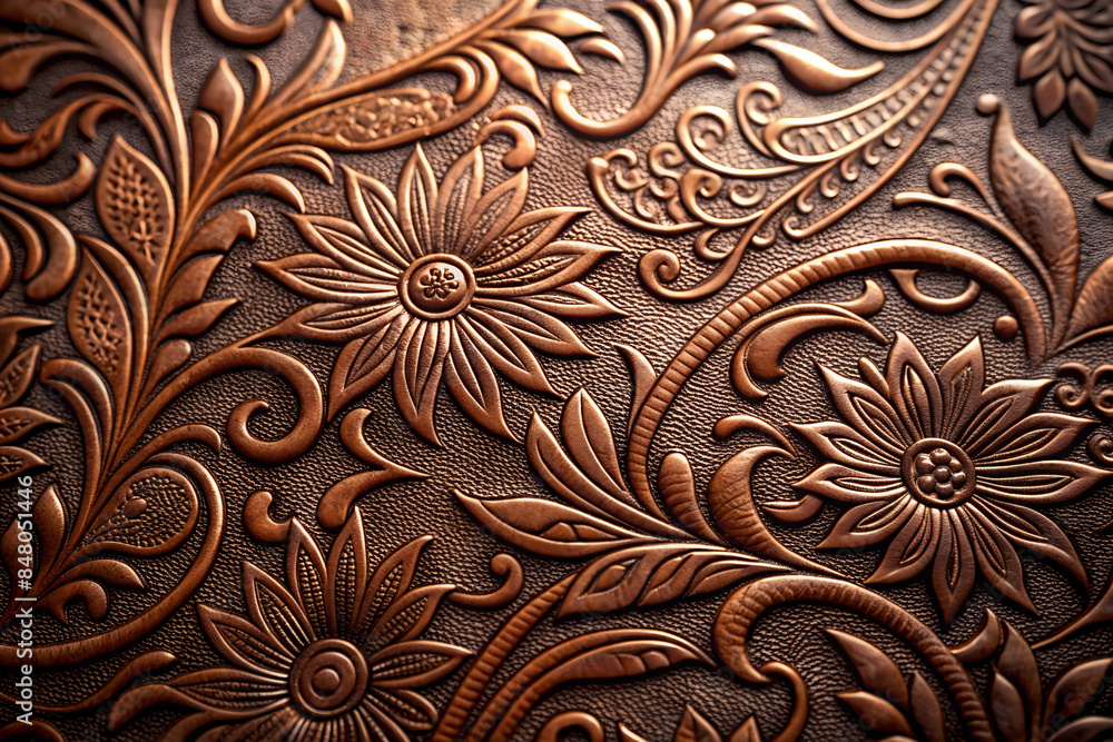 Intricate embossed floral patterns on rich brown leather. High resolution texture. Intricate embossed floral patterns on rich brown leather. High resolution texture.