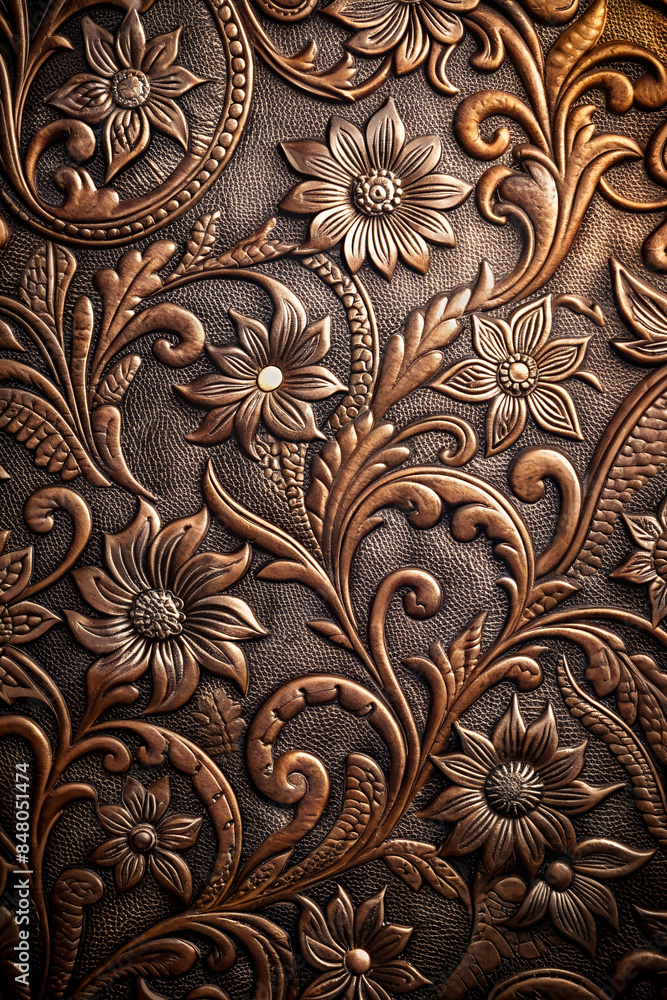 Intricate embossed floral patterns on rich brown leather. High resolution texture. Intricate embossed floral patterns on rich brown leather. High resolution texture.