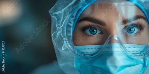 Close-up portrait of female doctor wearing facial mask and protective eyewear. photo