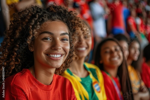 Close-up of a radiant young woman with curly hair, cheering and dressed in a red sports jersey at an event