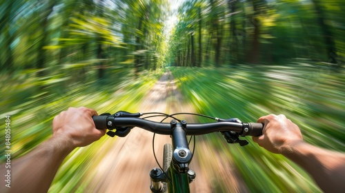 Blurry motion view from a mountain bike ride through a lush forest trail, capturing the essence of speed and adventure in nature.