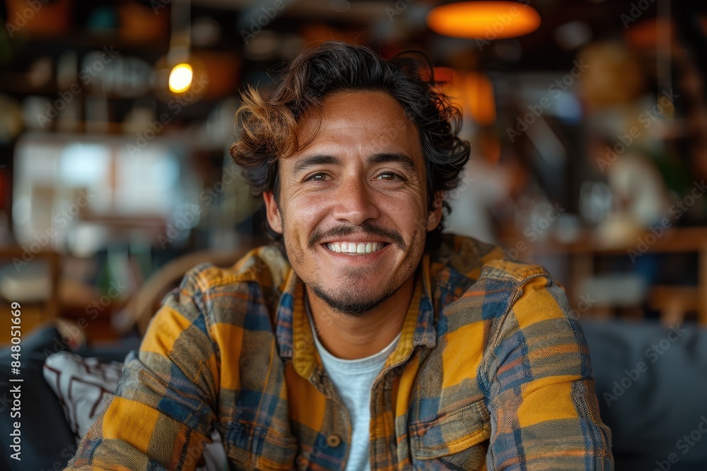 An exuberant male with a charismatic smile poses at a café, with blurred people and interior in the background An exuberant male with a charismatic smile poses at a café, with blurred people and interior in the background