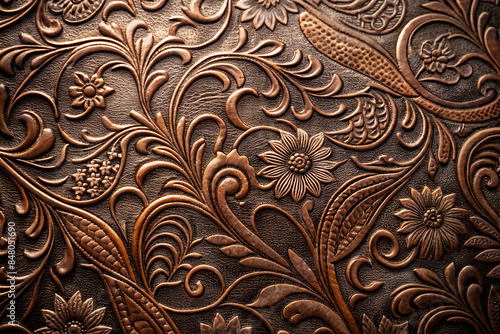 Intricate embossed floral patterns on rich brown leather. High resolution texture.