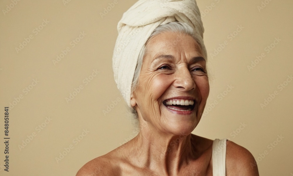 Portrait of beautiful smiling elderly woman with clean healthy skin and perfect white teeth wearing bath towel oh her head against beige background. Female senior after skincare routine, spa treatment Portrait of beautiful smiling elderly woman with clean healthy skin and perfect white teeth wearing bath towel oh her head against beige background. Female senior after skincare routine, spa treatment