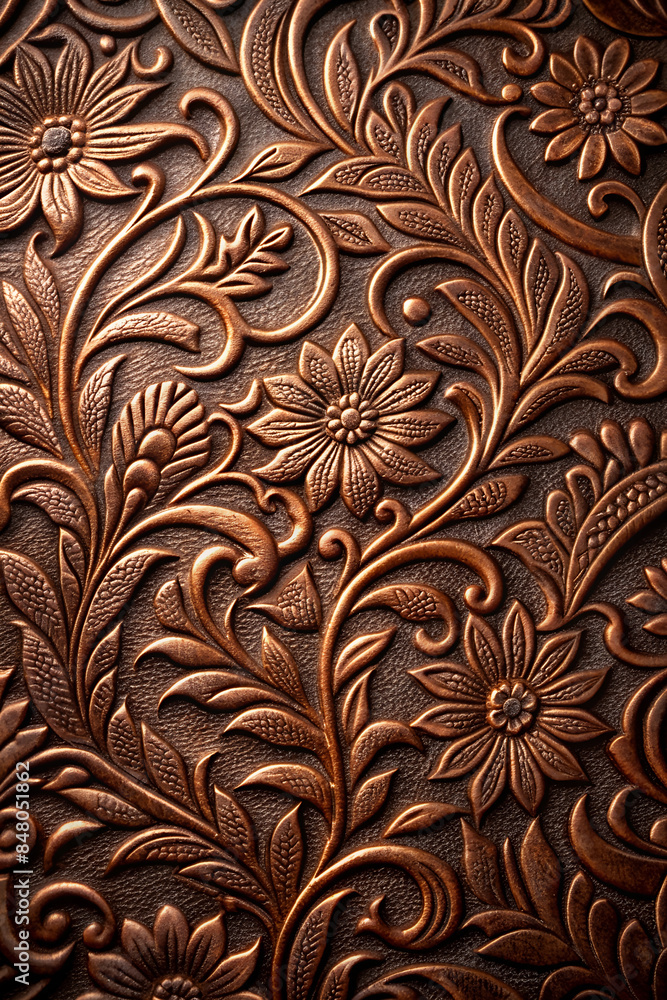 Intricate embossed floral patterns on rich brown leather. High resolution texture. Intricate embossed floral patterns on rich brown leather. High resolution texture.