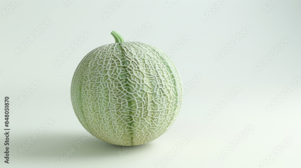 Realistic digital depiction of a textured green melon isolated on a light gray background, emphasizing its detailed surface. Realistic digital depiction of a textured green melon isolated on a light gray background, emphasizing its detailed surface.