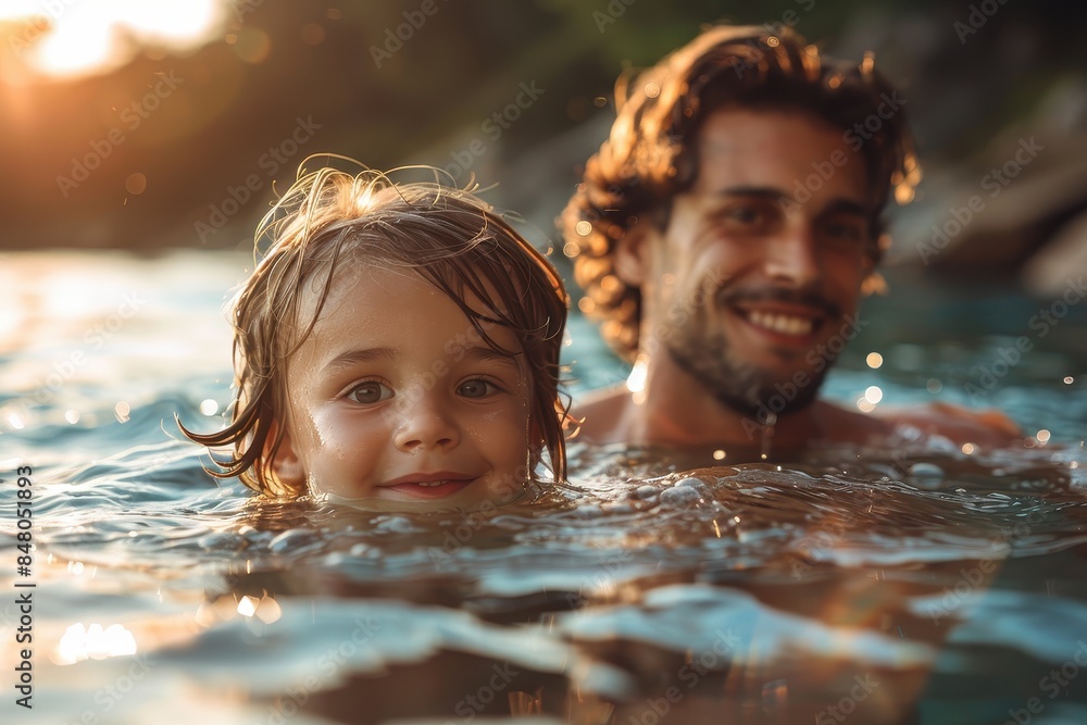 A smiling father and his joyful young son enjoying a swim together in golden sunset waters A smiling father and his joyful young son enjoying a swim together in golden sunset waters
