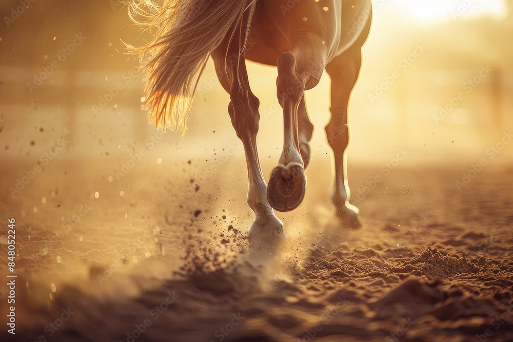 Fototapeta premium Close-up of a horse galloping on a sandy terrain with sunlight filtering through in the background, capturing motion and energy.