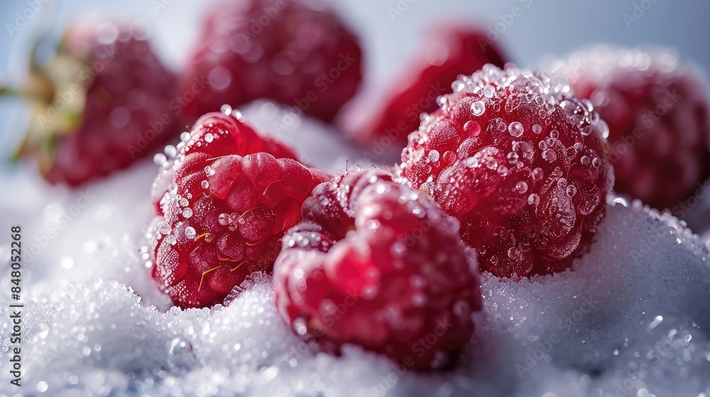 Macro Photography of Juicy Raspberries on a Bed of White Sugar Macro Photography of Juicy Raspberries on a Bed of White Sugar