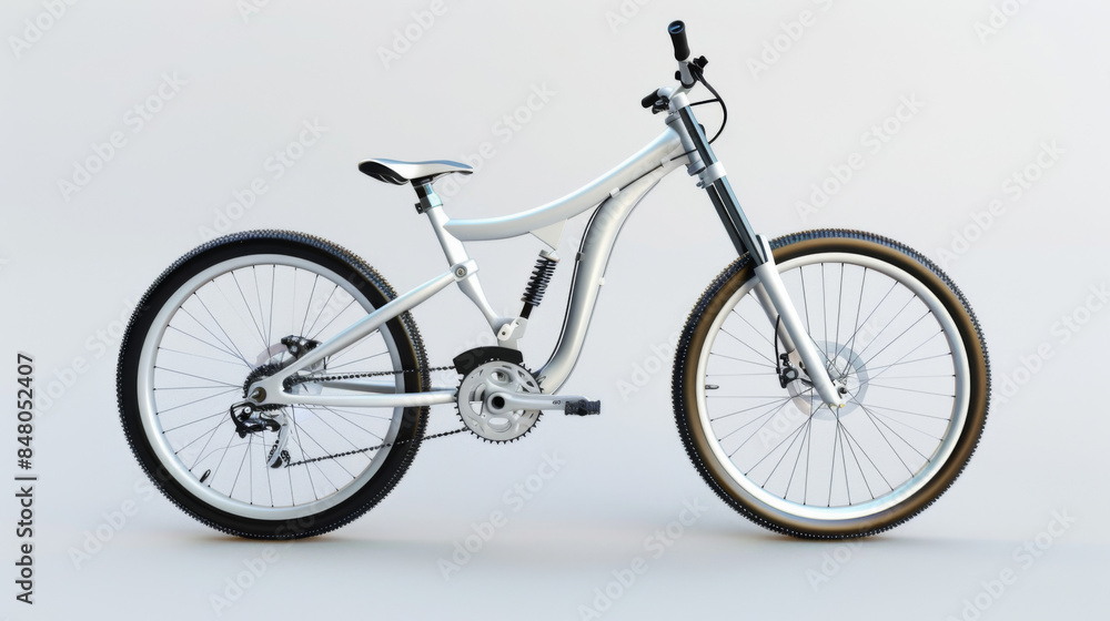 A sleek modern mountain bike with full suspension, presented isolated on a clean white background.