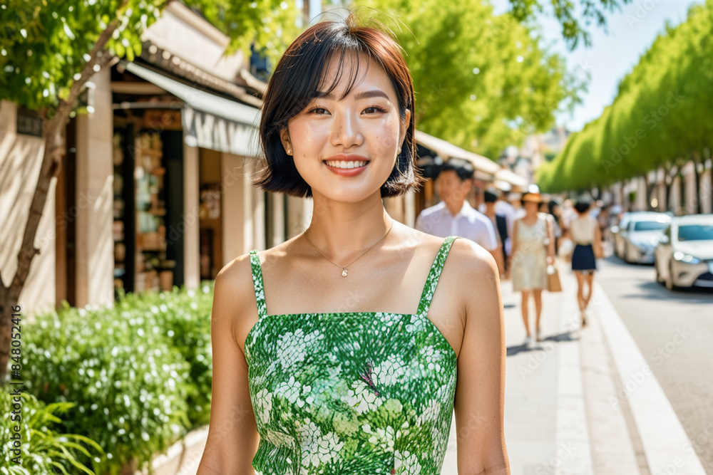 A portrait photo of a beautiful young woman tourist on a shopping walk in a European city