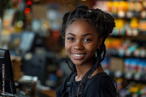 A friendly young cashier at a grocery store, exuding warm hospitality and professionalism with a heartwarming smile