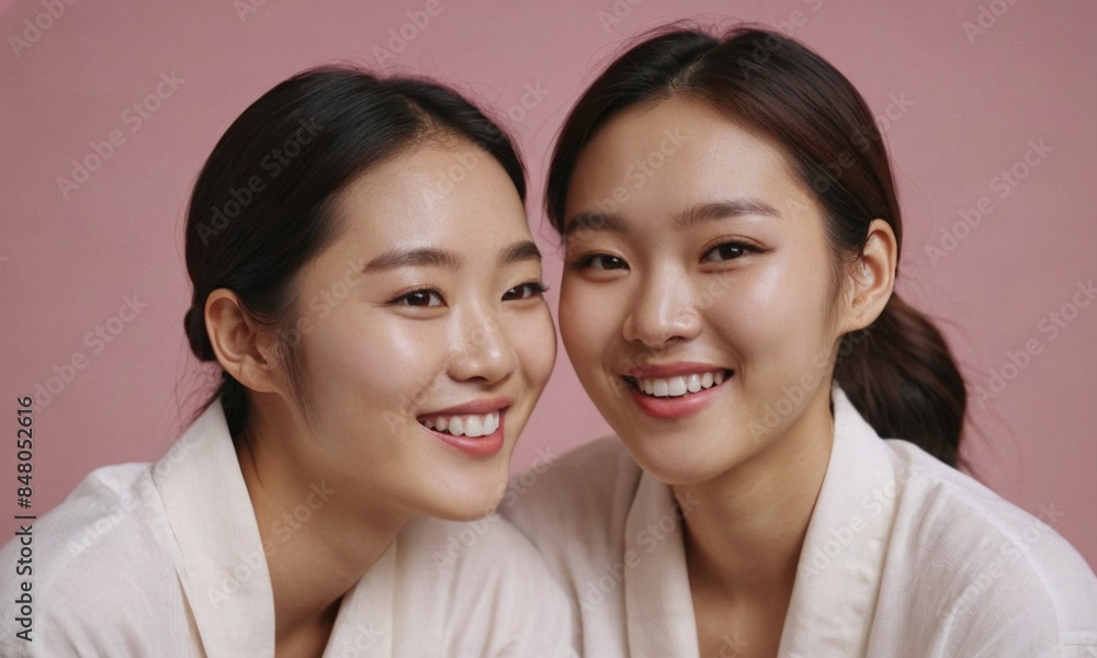 Studio shot of young Asian women wearing bathrobe without makeup . Beauty portrait of female models with clean glowing skin against pink background. Cosmetic, skincare, cosmetology, dermatology, spa Studio shot of young Asian women wearing bathrobe without makeup . Beauty portrait of female models with clean glowing skin against pink background. Cosmetic, skincare, cosmetology, dermatology, spa