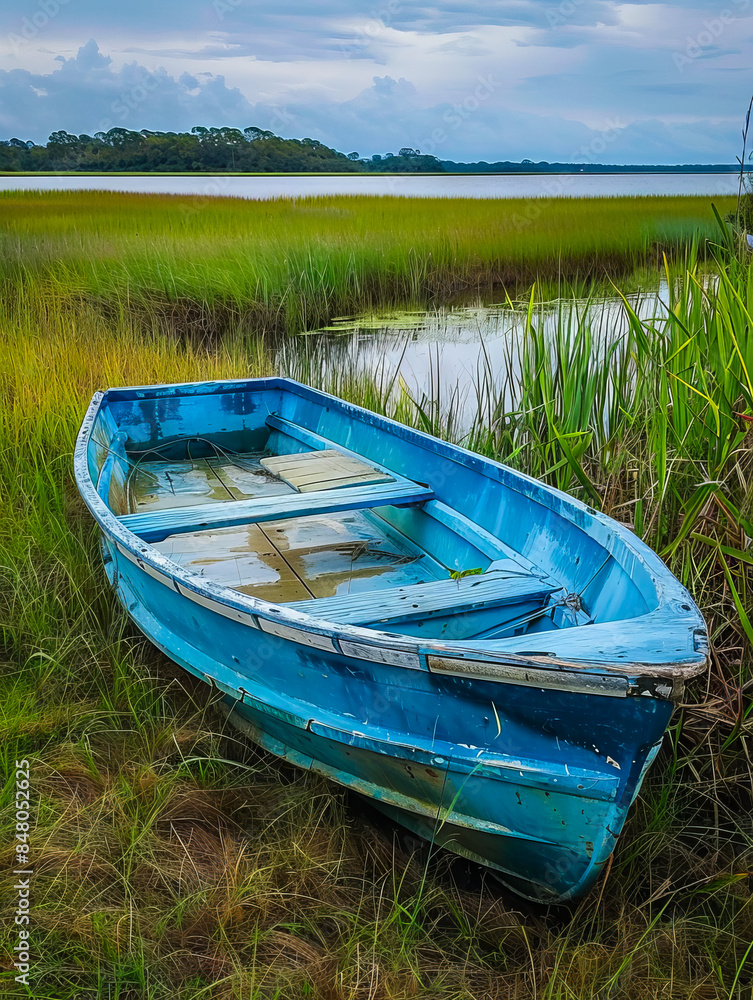 A blue boat sits on the grass near a body of water. A blue boat sits on the grass near a body of water.