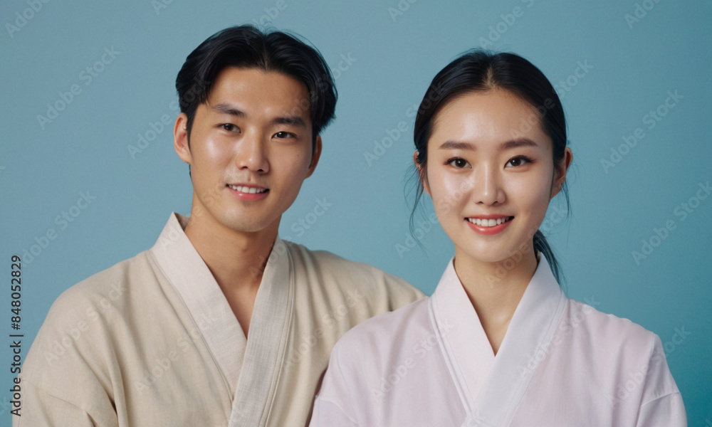Studio shot of young Asian couple. Beauty portrait of man and woman with clean glowing skin wearing bathrobe against blue background. Cosmetic, skincare, cosmetology, dermatology, spa panoramic banner Studio shot of young Asian couple. Beauty portrait of man and woman with clean glowing skin wearing bathrobe against blue background. Cosmetic, skincare, cosmetology, dermatology, spa panoramic banner
