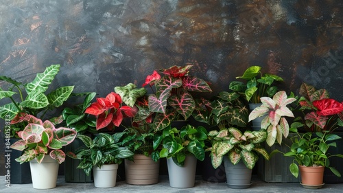 A variety of Syngonium plants arranged in stylish pots against a dark textured background.