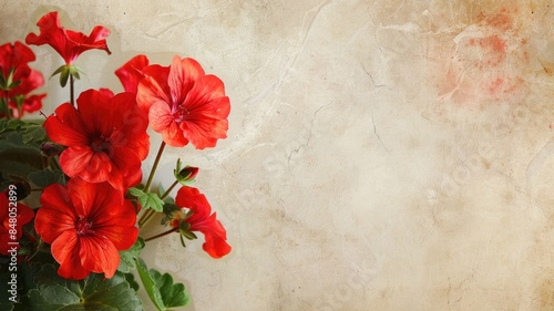 An attractive poster featuring a red geranium with a textured beige background, emphasizing the vivid blooms.