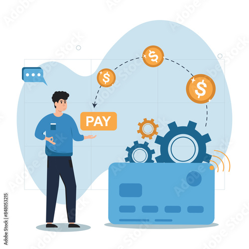 Financial illustration. Online payment concept. Characters pay online for their purchases and services. Ability to pay online. Vector illustration.