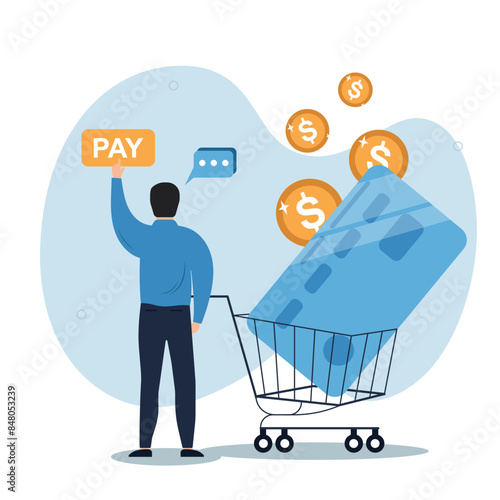 Financial illustration. Online payment concept. Characters pay online for their purchases and services. Ability to pay online. Vector illustration.