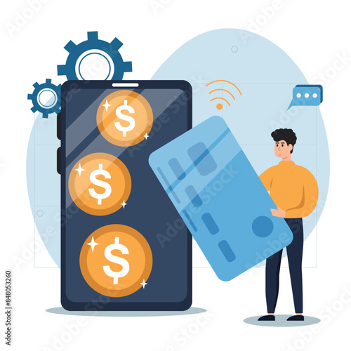 Financial illustration. Online payment concept. Characters pay online for their purchases and services. Ability to pay online. Vector illustration.