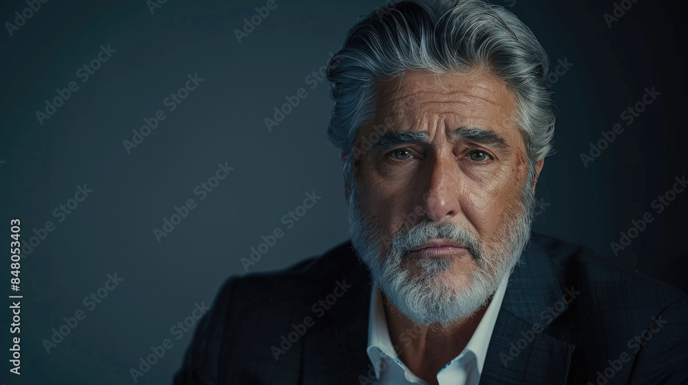 A close-up portrait of a senior man with gray hair and a beard. He is looking directly at the camera with a serious expression A close-up portrait of a senior man with gray hair and a beard. He is looking directly at the camera with a serious expression
