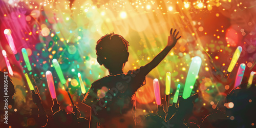 A child stands in a crowd of people, silhouetted against a vibrant background of light and color. They are holding a glow stick up in the air and cheering photo