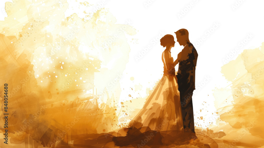 A watercolor painting of a bride and groom embracing during their wedding day. The couple is silhouetted against a bright, golden background A watercolor painting of a bride and groom embracing during their wedding day. The couple is silhouetted against a bright, golden background
