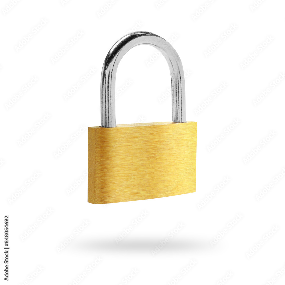 Shiny golden padlock in air on white background Shiny golden padlock in air on white background