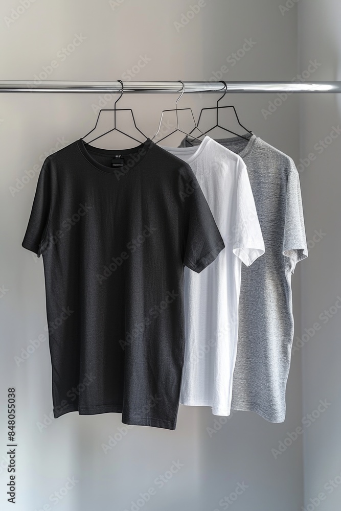 Three casual t-shirts hanging on a clothes rack, waiting to be worn Three casual t-shirts hanging on a clothes rack, waiting to be worn